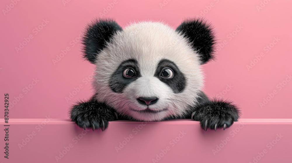 Fototapeta premium front view of 3D Chinese panda cub with soft shiny white and black color, white round fur, cute body shape, bright and clear big eyes hiding in the pink wall with cute expression