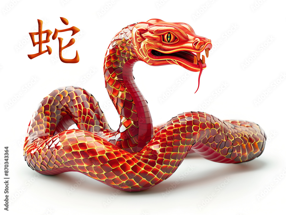 Fototapeta premium 2025 Chinese New Year, Year of the Snake. Gold and red snake 3d. Lunar new year theme, white background. Тranslation: snak