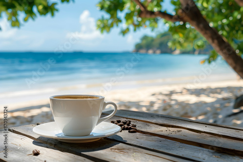 Coffee with a scenic outdoor background, such as a beach