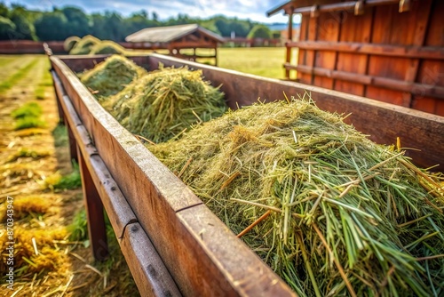 green hay for animal food in farm trough