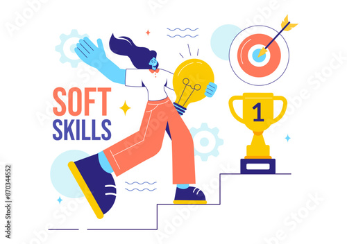 Vector Illustration of Office Workers Demonstrating Soft Skills of Empathy, Communication, Idea Development, Skill, and Education in a Flat Background