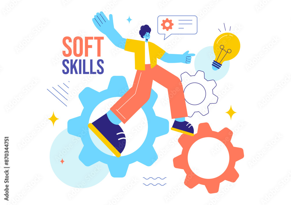 Fototapeta premium Vector Illustration of Office Workers Demonstrating Soft Skills of Empathy, Communication, Idea Development, Skill, and Education in a Flat Background