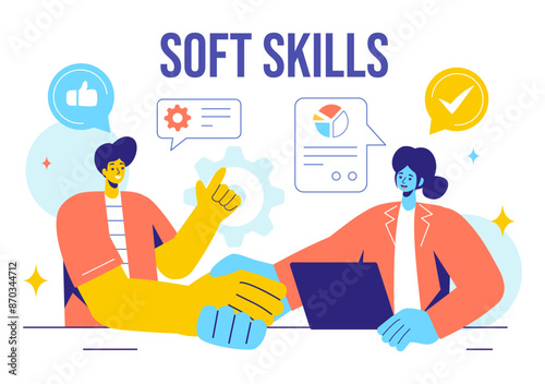 Vector Illustration of Office Workers Demonstrating Soft Skills of Empathy, Communication, Idea Development, Skill, and Education in a Flat Background