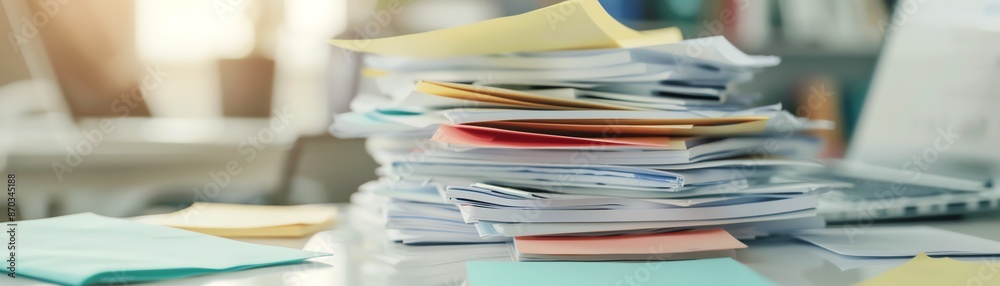 Close-up of a stack of papers, documents, and files on a desk. Close-up of a stack of papers, documents, and files on a desk.