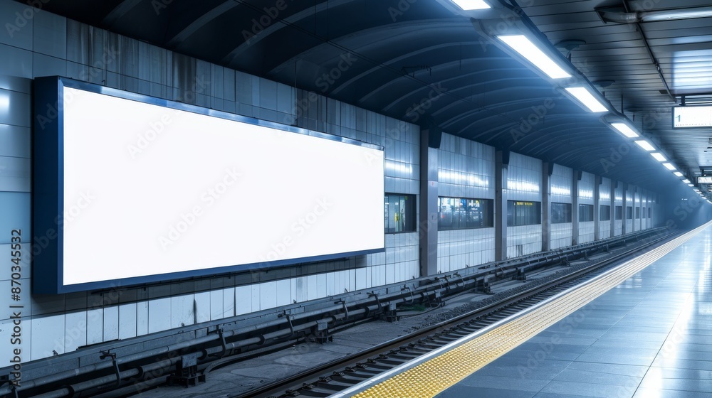 An empty advertising billboard located in a modern subway station, waiting for a promotional poster at night An empty advertising billboard located in a modern subway station, waiting for a promotional poster at night