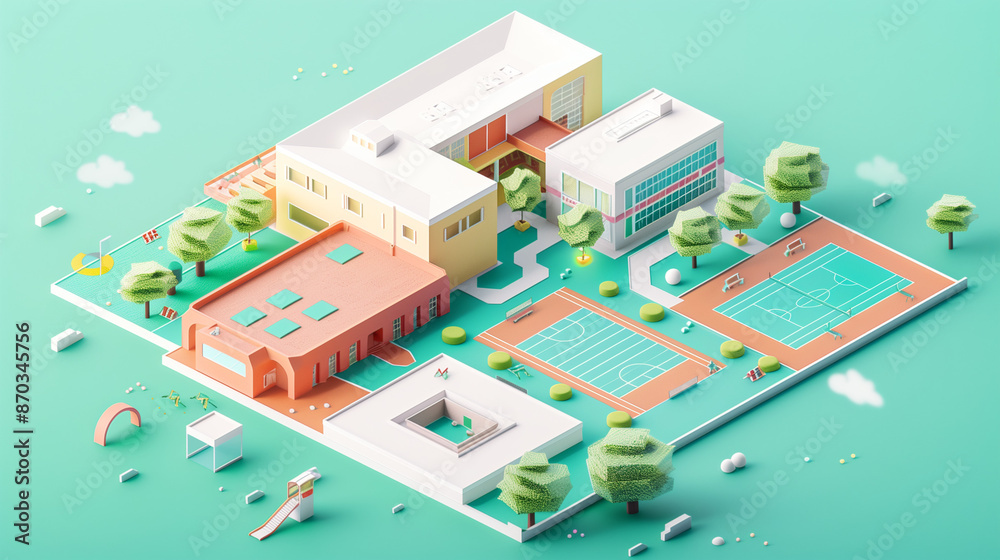 Isometric miniature school campus model Isometric miniature school campus model