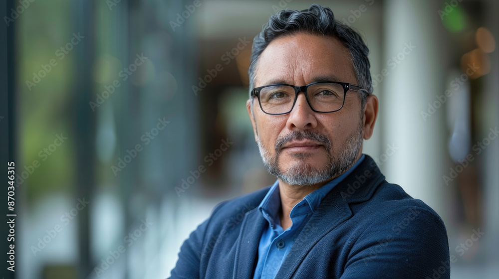 technical researcher portrait of a confident middle-aged Latina man using dark suit and glasses in an authoritative role as a prestigious software outsourcing company technical researcher portrait of a confident middle-aged Latina man using dark suit and glasses in an authoritative role as a prestigious software outsourcing company