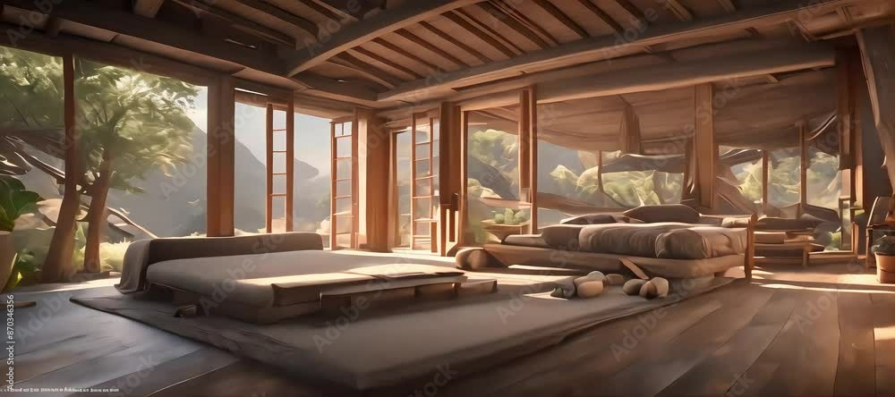 Elegant wooden bed frame in a room bathed in warm sunlight through ample windows Elegant wooden bed frame in a room bathed in warm sunlight through ample windows