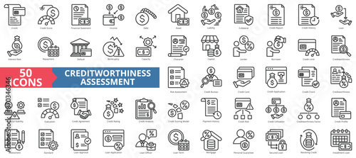 Creditworthiness assessment icon collection set. Containing credit, score, financial statement, income, debt, asset, liability, collateral icon. Simple line vector.