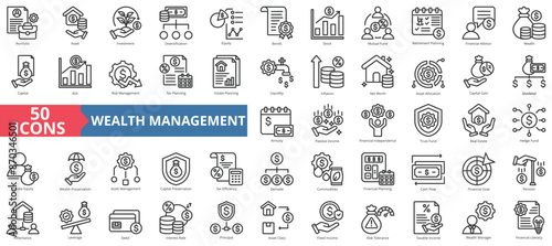Wealth Management icon collection set. Containing asset, portfolio, investment, diversification, equity, bonds, stock icon. Simple line vector. 