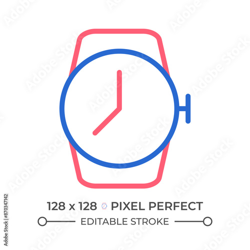 Wrist watch two color line icon. Modern watchmaking hobby. Fashionable accessory for men, women bicolor outline symbol. Duotone linear pictogram. Isolated illustration. Editable stroke
