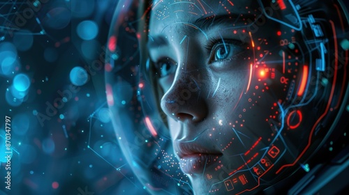 Close-up of a person in a futuristic, illuminated space helmet with abstract digital interfaces, symbolizing advanced technology and exploration.