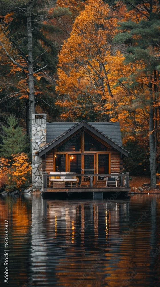 Fototapeta premium Cozy cabin by a lake surrounded by vibrant autumn trees with colorful foliage reflecting in the water during a tranquil fall evening.