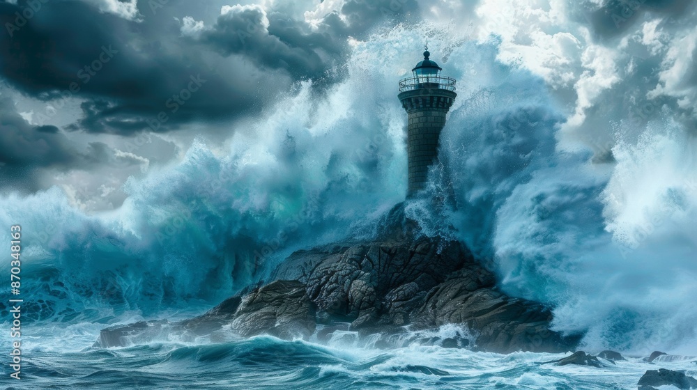 A furious wave crashes against rocky cliffs, dwarfed by a stoic lighthouse standing guard A furious wave crashes against rocky cliffs, dwarfed by a stoic lighthouse standing guard