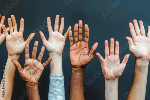 Raised arms in a variety of skin tones celebrate unity and diversity