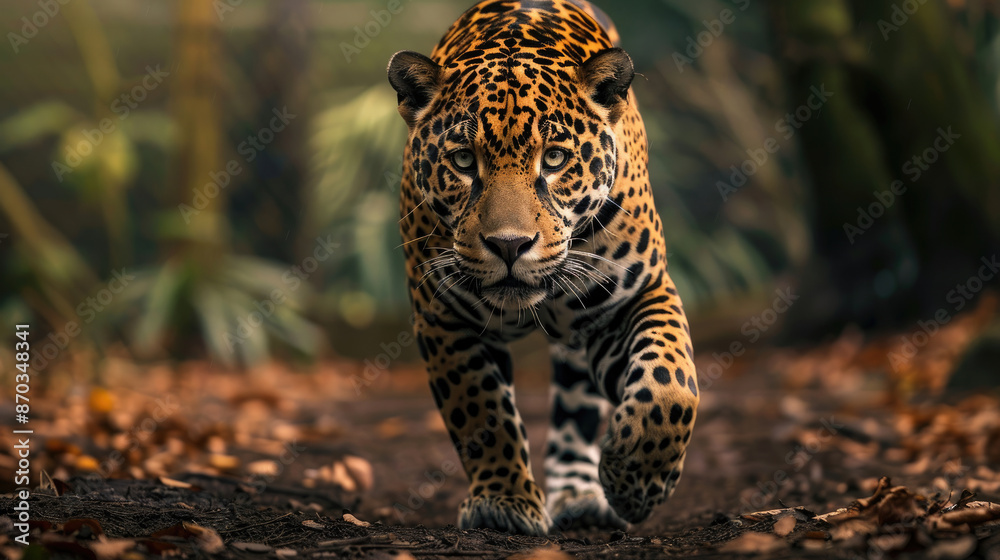 Fototapeta premium sharp eye view from the front of a Panthera jaguar walking on the ground against a backdrop of trees and green leaves in the middle of wildlife forest