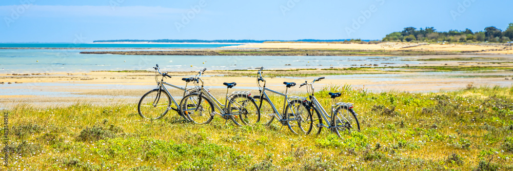 Obraz premium Row of rent bikes parked at a beach on a sunny day on the island of Oleron, France