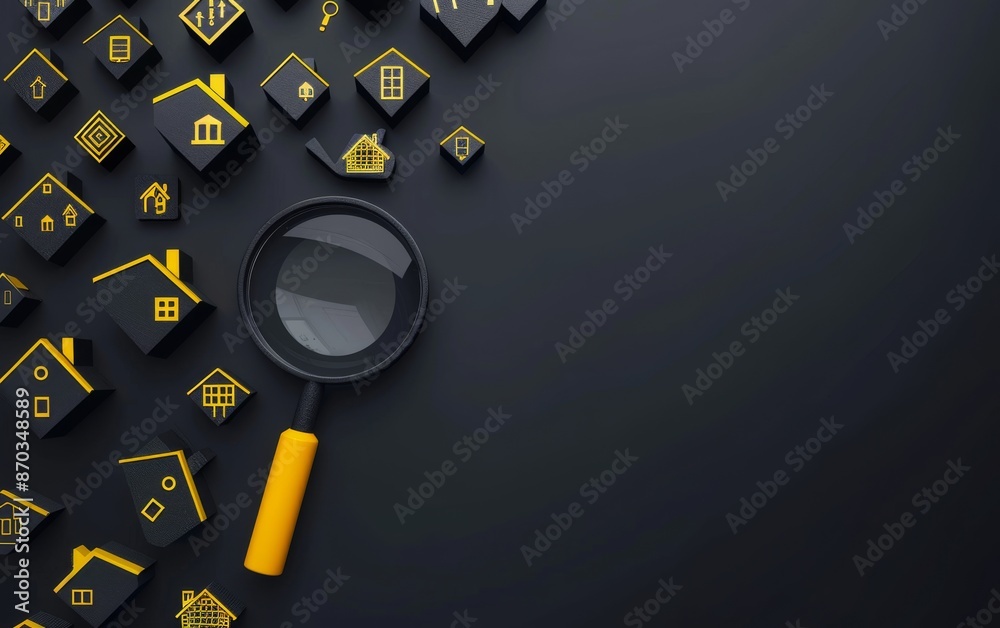 Fototapeta premium Magnifying glass over houses with yellow real estate icons on it. Property search. New home. Real estate agent. Real Estate Concept Background, Revealing the Perfect Property