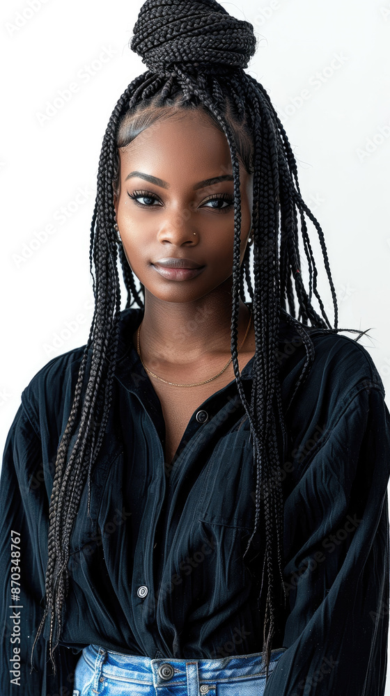 Portrait of a beautiful dark skinned African American woman model with box braids hairstyle standing isolated on white background Portrait of a beautiful dark skinned African American woman model with box braids hairstyle standing isolated on white background