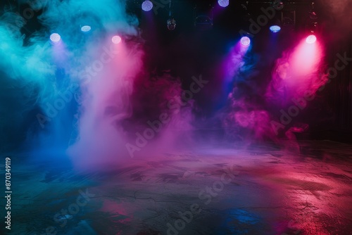 Performance stage product background or dance-floor disco with lights on and smoke billowing. lit podium in the hallway and an empty stage under the theater's lighting