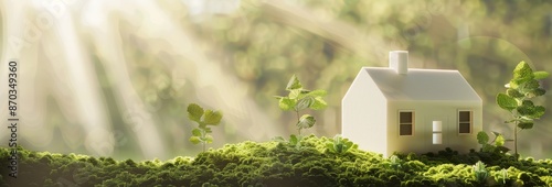 White model house on sunny day with lush green grass illuminated by sunshine, representing home, nature, and eco-friendly living. Copy space, banner photo