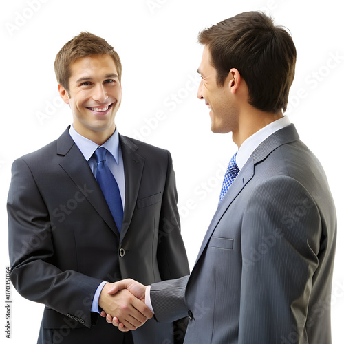 Two businessmen in formal suits shaking hands and smiling, representing a successful business deal or partnership.