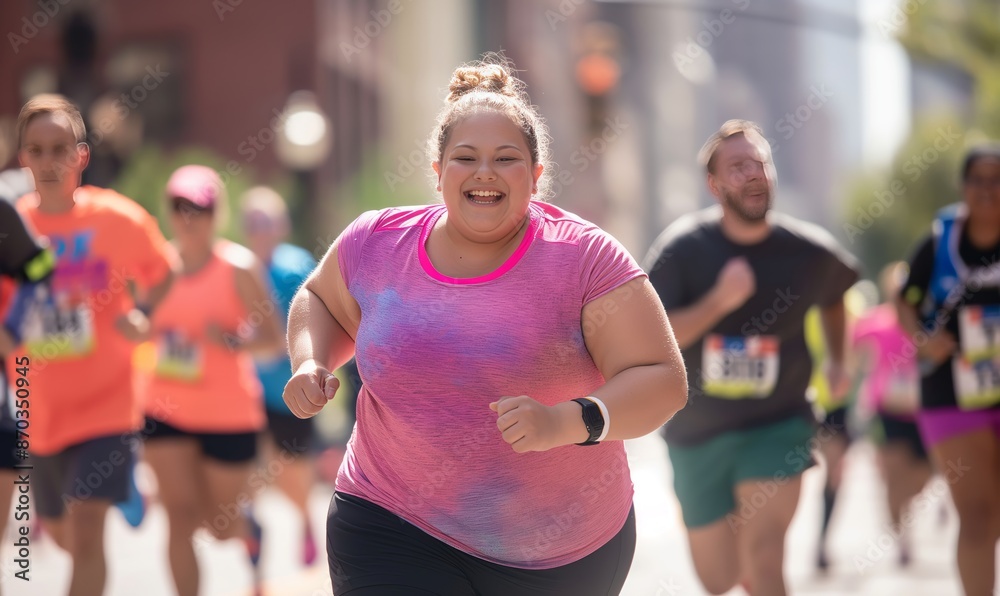 full-length photograph of an overweight woman in her late thirties, running with other runners during the new york retailer's half marathon, wearing a pink and black spandex shirt and black shorts full-length photograph of an overweight woman in her late thirties, running with other runners during the new york retailer's half marathon, wearing a pink and black spandex shirt and black shorts
