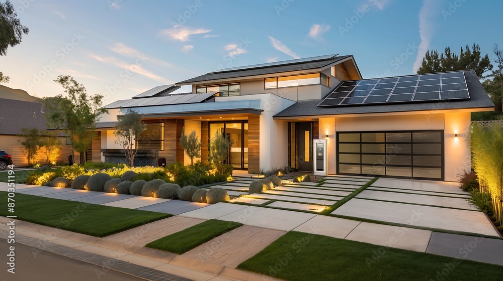 Daylight Exterior of Smart, Sustainable Home: Solar Panels, Automated Windows, Advanced Security System, Robotic Lawn Mower, Electric Vehicle Charging Station Daylight Exterior of Smart, Sustainable Home: Solar Panels, Automated Windows, Advanced Security System, Robotic Lawn Mower, Electric Vehicle Charging Station