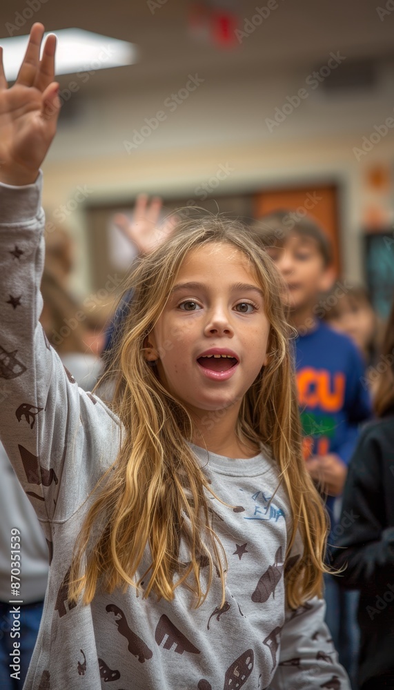Obraz premium A young girl raises her hand in a classroom setting, eager to participate and share her thoughts. Her eyes sparkle with enthusiasm and excitement. Antibullying workshop with interactive activities.