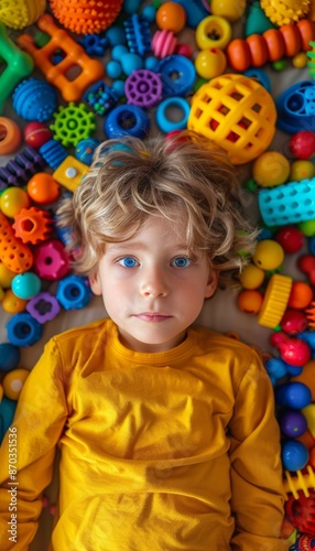 A young boy with blue eyes lies surrounded by colorful toys. He stares up at the camera with a playful expression. ADHD child with sensory toys and fidget tools, ADHD Awareness Month.