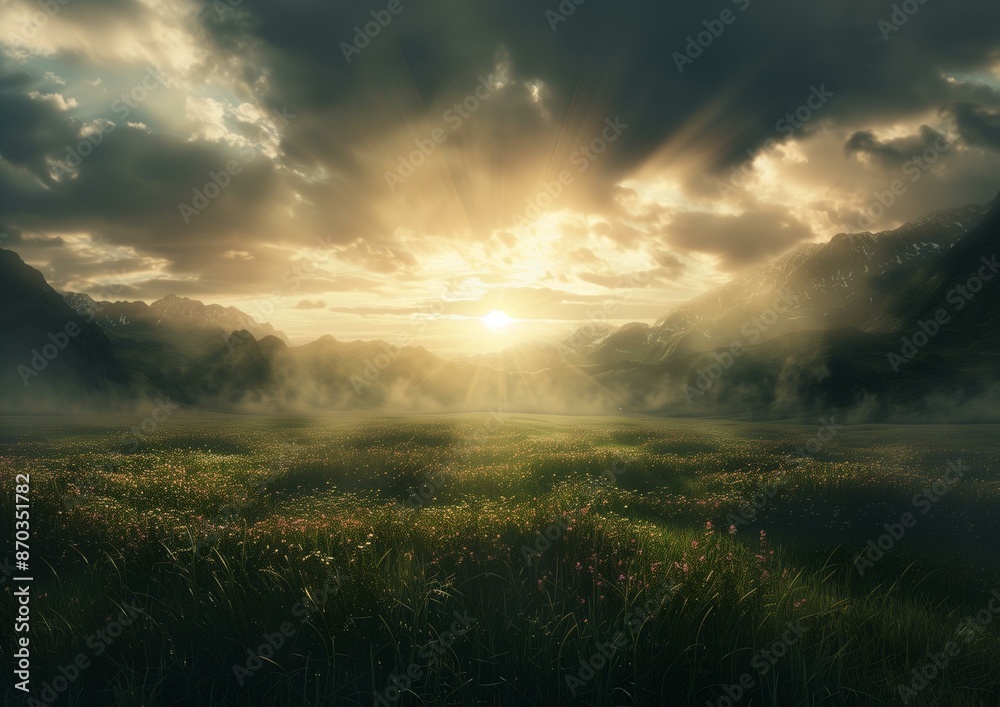 Fototapeta premium Captivating Landscape Illustration of a Sunset over a Mountainous Meadow