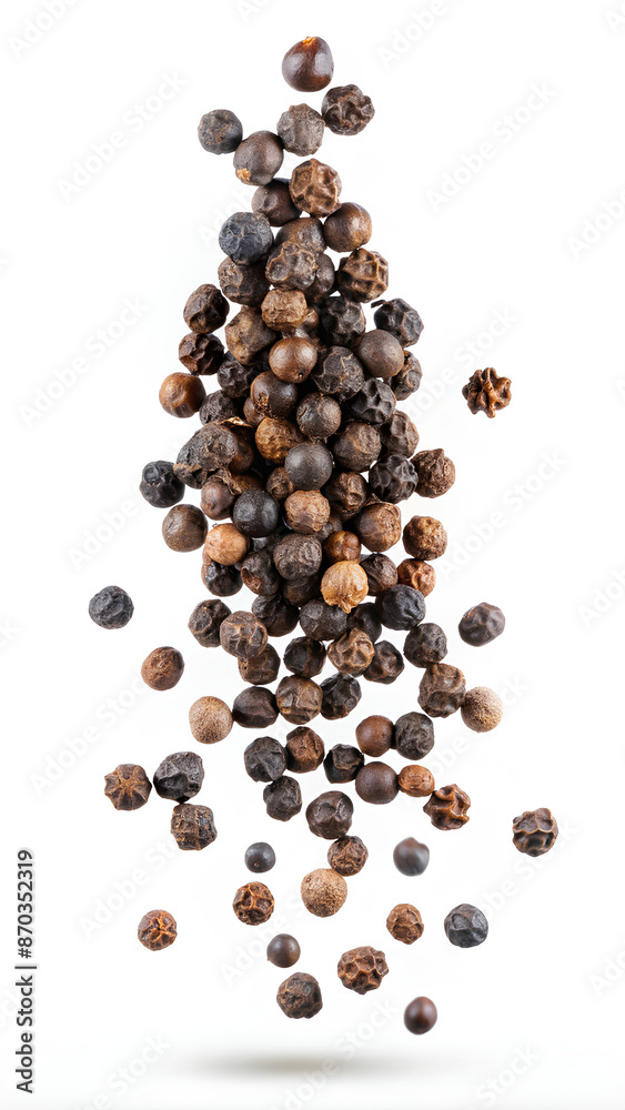 Flying black peppers on isolate white background, clipping path, Selective focus