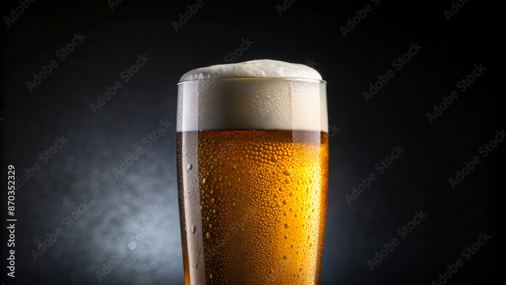 A tall glass filled with a cold, golden lager topped with a thick white head of foam