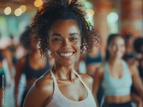 Smiling woman in a gym class, surrounded by other people.  She looks happy and confident.  Focus on the woman in the foreground. © Ruby