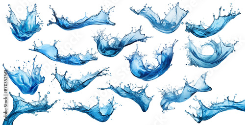 big set collection of blue natural fresh water splash isolated  white background. design pattern for purity pure drink and freshness cosmetics concept