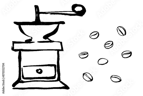 筆タッチのコーヒーミルとコーヒー豆のイラスト