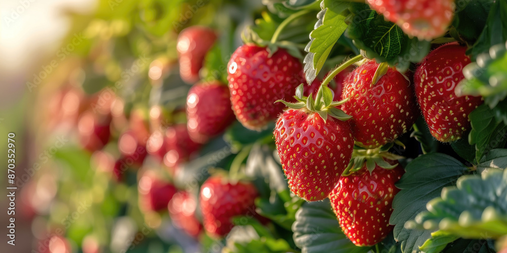 Freshly Harvested Red Strawberries Hanging on the Vine in a Green Field Background. Healthy Food, Organic Farming, Springtime Harvest. Freshly Harvested Red Strawberries Hanging on the Vine in a Green Field Background. Healthy Food, Organic Farming, Springtime Harvest.