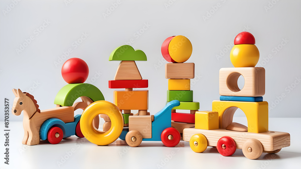 Set of wooden toys on white background. Children's development, Generative AI Set of wooden toys on white background. Children's development, Generative AI