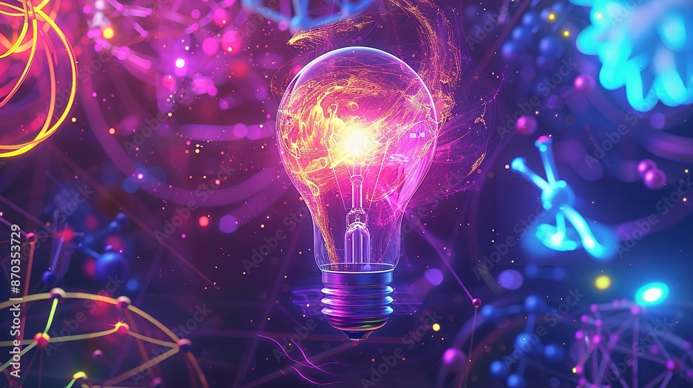 Abstract Scientific Background with Glowing Light Bulb and Iconic Elements in Vibrant Colors Abstract Scientific Background with Glowing Light Bulb and Iconic Elements in Vibrant Colors