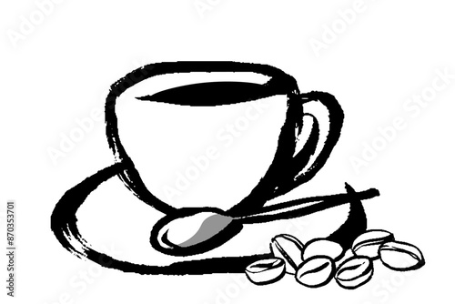 筆タッチのコーヒーカップとコーヒー豆のイラスト