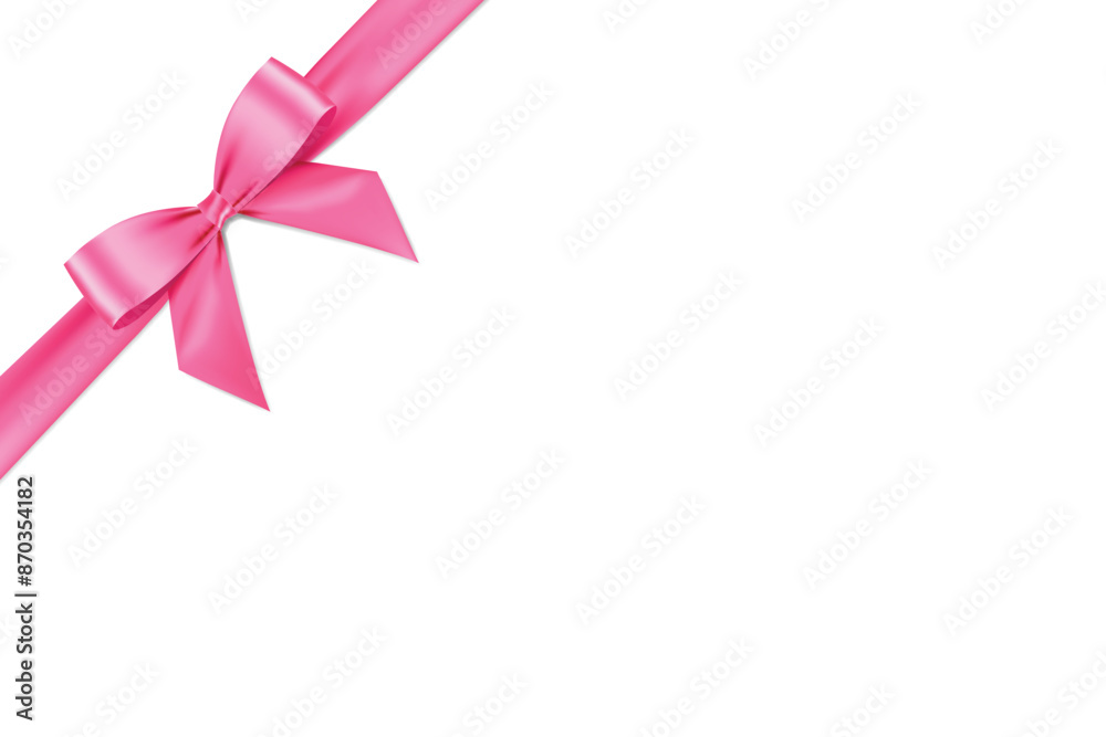Pink bow and ribbon realistic shiny satin with shadow place on corner of paper for decorate your gift card or website vector EPS10 isolated on white background. Pink bow and ribbon realistic shiny satin with shadow place on corner of paper for decorate your gift card or website vector EPS10 isolated on white background.