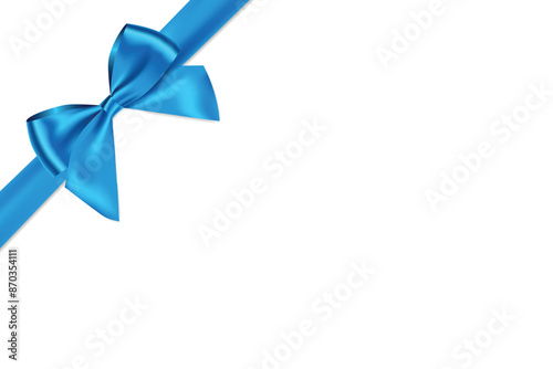 Blue bow and ribbon realistic shiny satin with shadow place on corner of paper for decorate your gift card or website vector EPS10 isolated on white background.