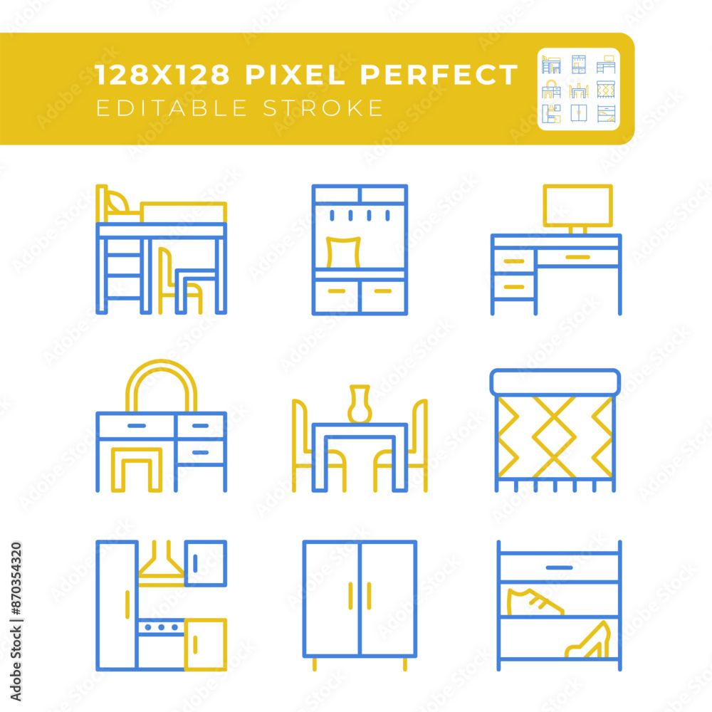 Apartment furniture two color line icons set. Online store categories. Living room and kitchen. Bedroom essentials bicolor outline iconset isolated. Duotone pictograms thin linear. Editable stroke Apartment furniture two color line icons set. Online store categories. Living room and kitchen. Bedroom essentials bicolor outline iconset isolated. Duotone pictograms thin linear. Editable stroke