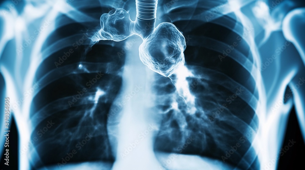 Detailed X-ray of a human chest showing clear signs of pneumonia with white spots in the lungs Detailed X-ray of a human chest showing clear signs of pneumonia with white spots in the lungs