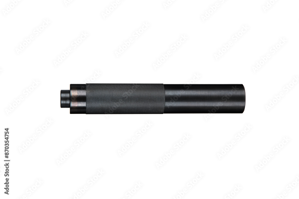 Black silencer for weapons. Suppressor that is at the end of an assault rifle. Isolate on a white back. Black silencer for weapons. Suppressor that is at the end of an assault rifle. Isolate on a white back.