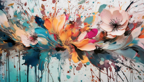 Abstract background with watercolor flowers painting on a wall, featuring pink lilies and a bouquet of colorful blooms, capturing the beauty of nature in vibrant shades of yellow, purple, and green