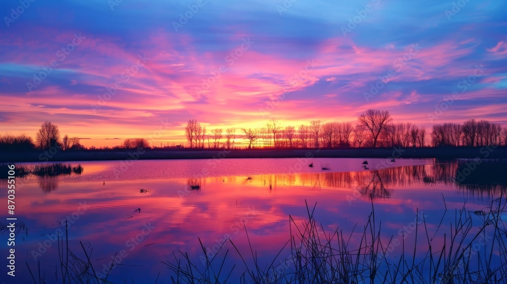 Fototapeta premium Serene Sunset Over Rural Landscape with Reflective Waters