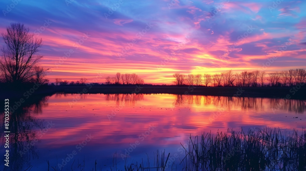Obraz premium Serene Sunset Over Rural Landscape with Reflective Waters