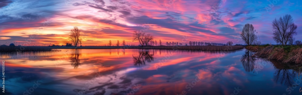 Serene Sunset Over Rural Landscape with Reflective Waters Serene Sunset Over Rural Landscape with Reflective Waters