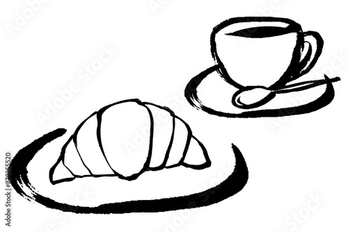 筆タッチのクロワッサンのコーヒーのセットイラスト